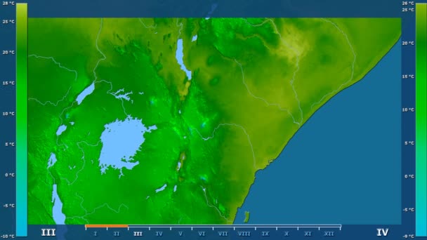 最低气温按月在肯尼亚区域与动画传奇 原始的颜色着色器 球极投影 — 图库视频影像