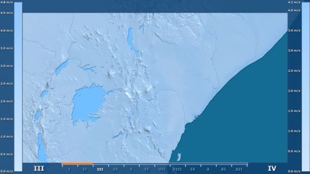 アニメーションの伝説 Raw カラー シェーダーを持つケニア地区の月別風速 平射図法 — ストック動画