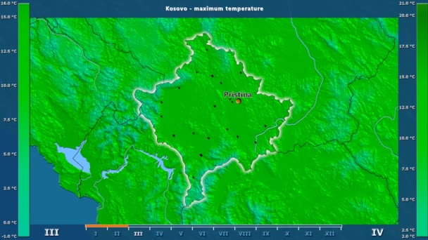 Maximale Temperatur Pro Monat Kosovogebiet Mit Animierter Legende Englische Etiketten — Stockvideo