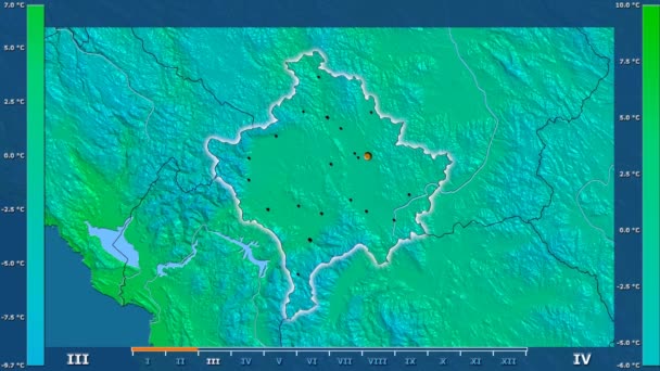 Minimum Temperatuur Maand Het Kosovo Gebied Met Geanimeerde Legend Gloeiende — Stockvideo