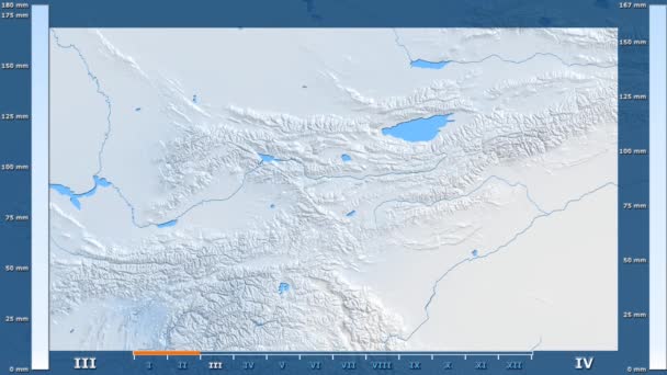 アニメーションの伝説 Raw カラー シェーダーをキルギス地方の月別降水量 平射図法 — ストック動画