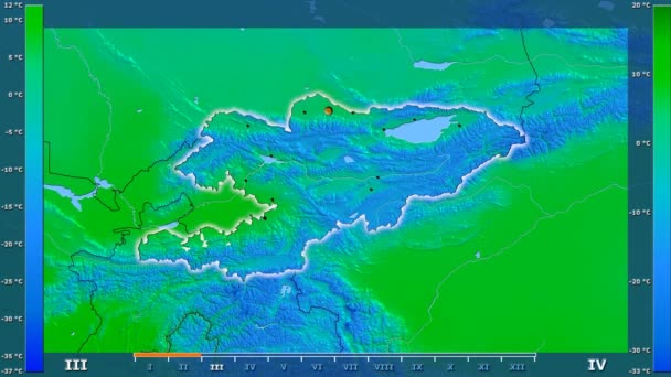 吉尔吉斯斯坦地区平均气温以月为动画图例 发光型 行政边界 主要城市 球极投影 — 图库视频影像