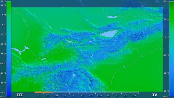 アニメーションの伝説 Raw カラー シェーダーとキルギスタン地区月別平均気温 平射図法 — ストック動画