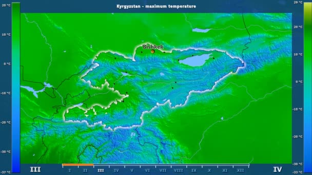 吉尔吉斯斯坦地区的最高气温以月为动画图例 英文标签 国家和资本名称 地图描述 球极投影 — 图库视频影像