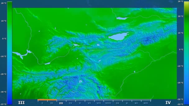 Temperatura Máxima Por Mes Área Kirguistán Con Leyenda Animada Sombreado — Vídeos de Stock