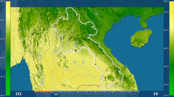 Maksymalna Temperatura Przez Miesiąc Obszarze Laos Legendą Animowane Świecące Kształt — Wideo stockowe