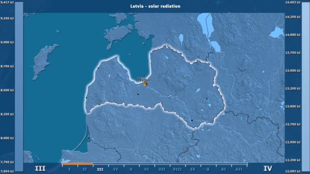 Sonneneinstrahlung Pro Monat Der Region Lettland Mit Animierter Legende Englische — Stockvideo