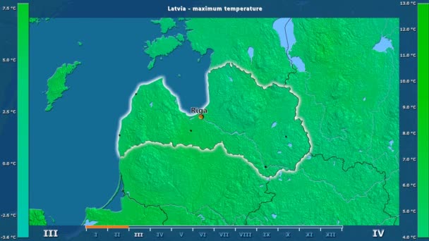 Maximal Temperatur Månad Området Lettland Med Animerade Legend Engelska Etiketter — Stockvideo