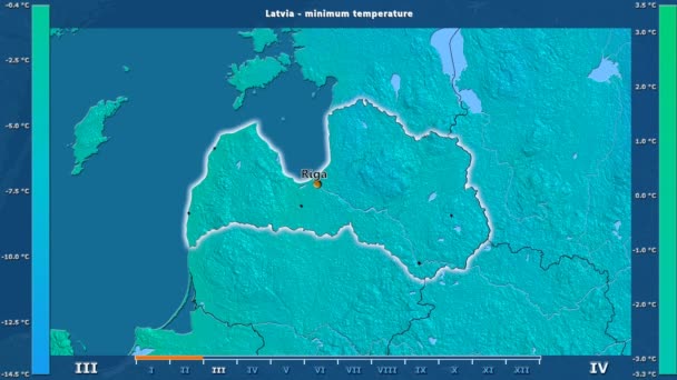 Minimální Teploty Podle Měsíců Oblasti Lotyšsko Animovanou Legendou Anglické Popisky — Stock video