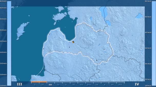 Скорость Ветра Месяцам Районе Латвии Оживленной Легендой Светящиеся Формы Административные — стоковое видео