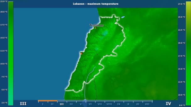 在黎巴嫩地区的最高气温以月为动画图例 英文标签 国家和资本名称 地图描述 球极投影 — 图库视频影像