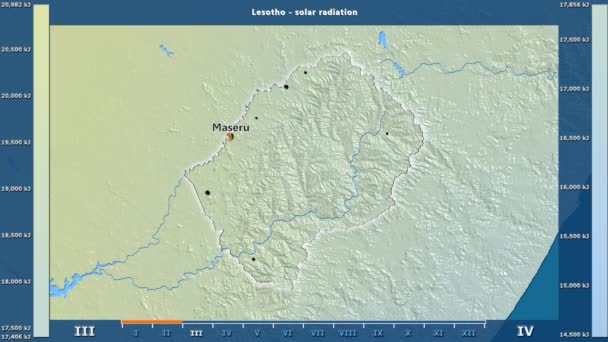 Solstrålning Månad Området Lesotho Med Animerade Legend Engelska Etiketter Landet — Stockvideo