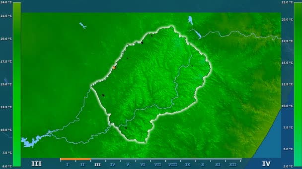 平均温度按月在莱索托区域以动画传奇发光的形状 行政边界 主要城市 球极投影 — 图库视频影像
