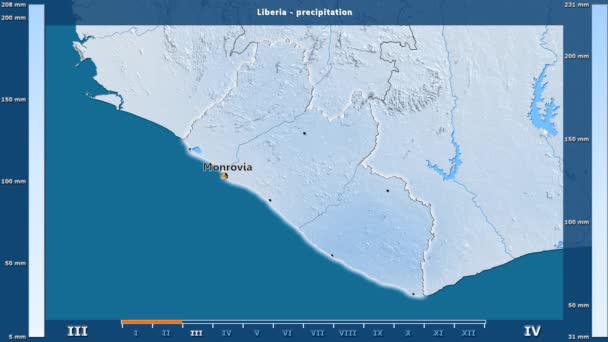 降雨雪由月在利比里亚区域以生动的传奇 英国标签 国家和资本名字 地图描述 球极投影 — 图库视频影像