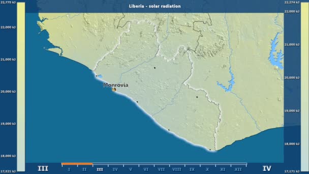 太阳辐射按月在利比里亚地区以动画传奇 英国标签 国家和资本名字 地图描述 球极投影 — 图库视频影像
