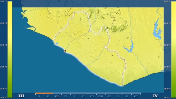 Maximal Temperatur Månad Området Liberia Med Animerade Legend Glödande Form — Stockvideo