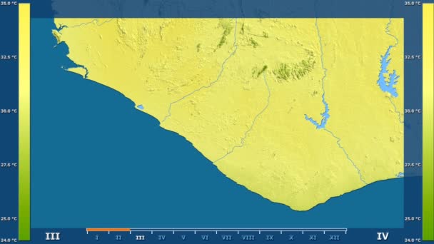 在利比里亚地区的最高气温与动画图例 原始颜色着色器 球极投影 — 图库视频影像