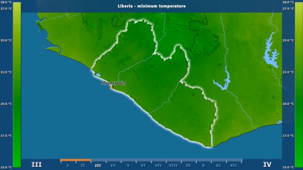 最低气温按月在利比里亚地区以动画传奇 英国标签 国家和资本名字 地图描述 球极投影 — 图库视频影像