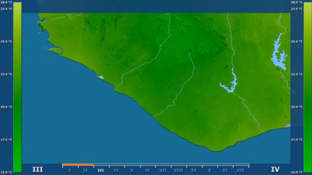 Lägsta Temperatur Månad Området Liberia Med Animerade Legend Raw Färg — Stockvideo