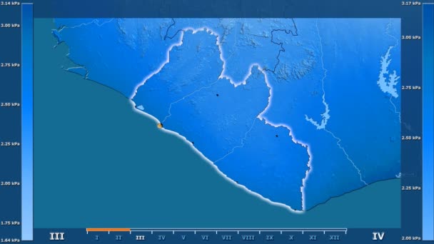 Monatlicher Wasserdampfdruck Raum Liberia Mit Animierter Legende Glühende Form Verwaltungsgrenzen — Stockvideo