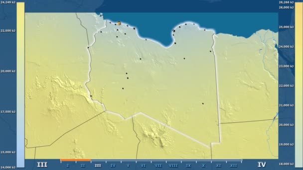 太阳辐射月在利比亚地区与动画传奇 发光的形状 行政边界 主要城市 球极投影 — 图库视频影像