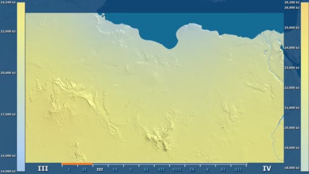 Солнечная Радиация Месяцам Ливии Анимированной Легендой Сырым Цветным Шейдером Стереографическая — стоковое видео