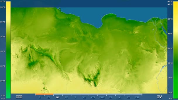 アニメーションの伝説 Raw カラー シェーダー リビア地域の月別最高気温は 平射図法 — ストック動画