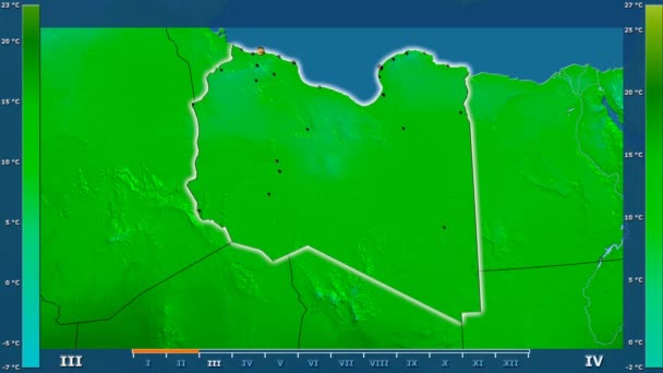 最低气温按月在利比亚地区以动画传奇发光的形状 行政边界 主要城市 球极投影 — 图库视频影像