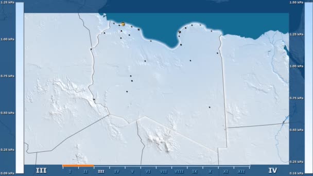 Vattenånga Trycket Månad Libyen Område Med Animerade Legend Glödande Form — Stockvideo