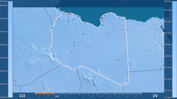 风速按月在利比亚地区的动画传奇 发光的形状 行政边界 主要城市 球极投影 — 图库视频影像