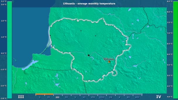 Gemiddelde Temperatuur Maand Het Gebied Van Litouwen Met Geanimeerde Legend — Stockvideo