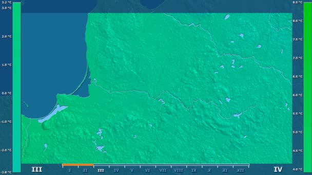 立陶宛地区的平均气温与动画图例 原始颜色着色器 球极投影 — 图库视频影像