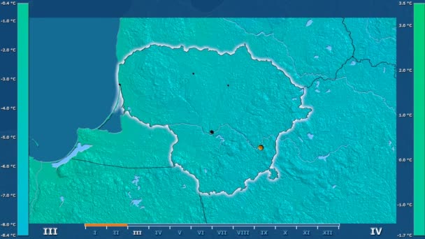 Minimalna Temperatura Przez Miesiąc Obszarze Litwy Legendą Animowane Świecące Kształt — Wideo stockowe