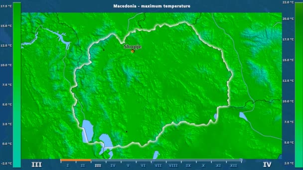 最大温度在马其顿区域以月为动画传奇 英国标签 国家和资本名字 地图描述 球极投影 — 图库视频影像