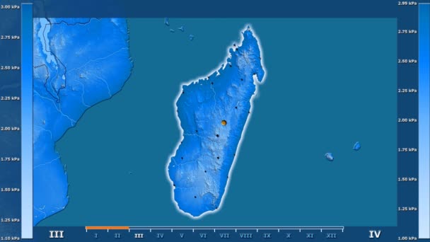 Ciśnienie Pary Wodnej Przez Miesiąc Obszarze Madagaskar Legendą Animowane Świecące — Wideo stockowe