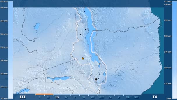 Precipitación Por Mes Área Malawi Con Leyenda Animada Forma Brillante — Vídeo de stock