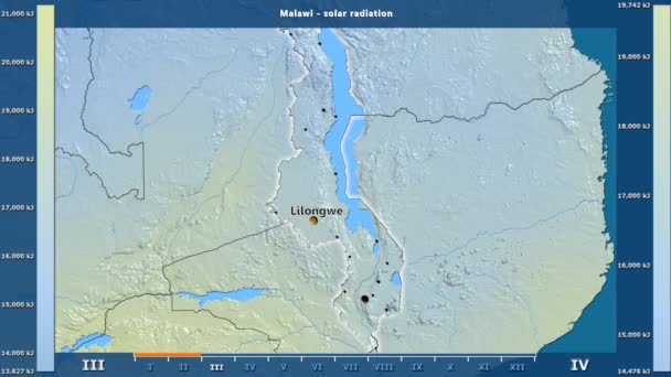 Monatliche Sonneneinstrahlung Der Region Malawi Mit Animierter Legende Englische Etiketten — Stockvideo