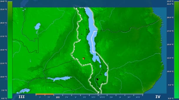 最低气温按月在马拉维地区以动画传奇发光的形状 行政边界 主要城市 球极投影 — 图库视频影像