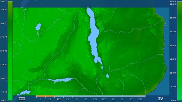 Минимальная Температура Месяцам Районе Малави Анимированной Легендой Сырой Цветовой Шейдер — стоковое видео