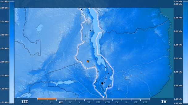 Monatlicher Wasserdampfdruck Der Malawischen Region Mit Animierter Legende Glühende Form — Stockvideo