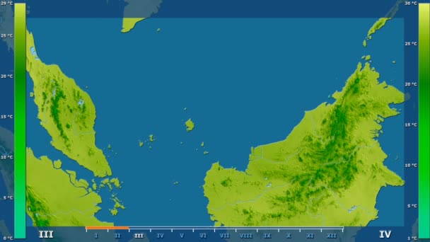 アニメーションの伝説 Raw カラー シェーダー マレーシア地域における月別平均気温 平射図法 — ストック動画