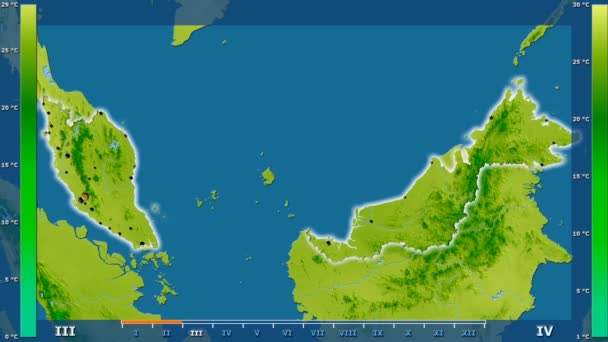 Medeltemperatur Månad Malaysia Med Animerade Legend Glödande Form Administrativa Gränser — Stockvideo