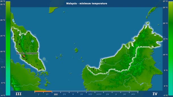 最低气温按月在马来西亚地区以动画传奇 英国标签 国家和资本名字 地图描述 球极投影 — 图库视频影像