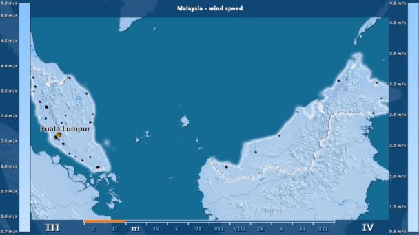 风速按月在马来西亚地区与动画图例 英文标签 国家和资本名称 地图描述 球极投影 — 图库视频影像