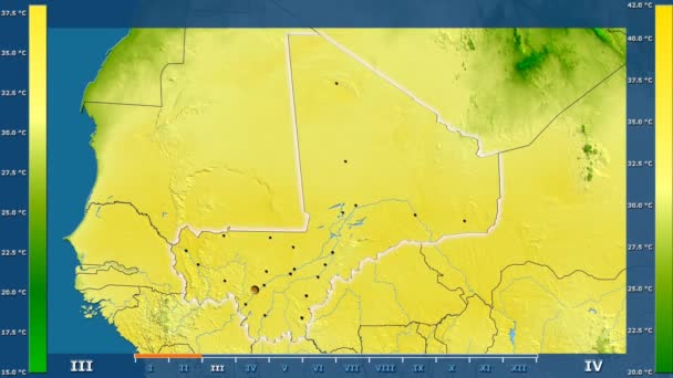 Максимальная Температура Месяцам Районе Мали Оживленной Легендой Светящиеся Формы Административные — стоковое видео