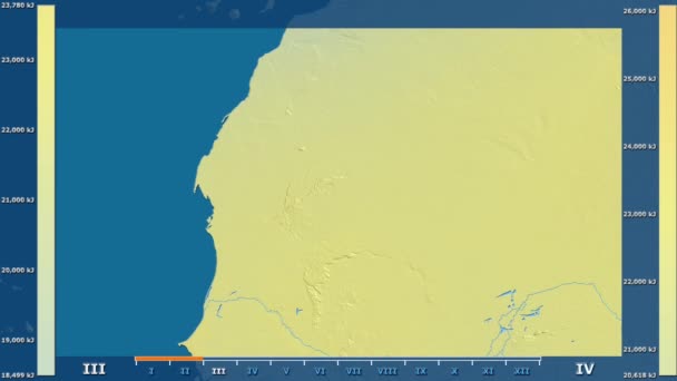 Monatliche Sonneneinstrahlung Der Mauretanischen Region Mit Animierter Legende Rohfarbiger Shader — Stockvideo