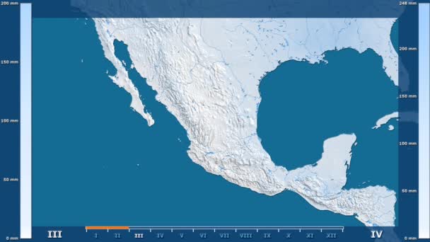 アニメーションの伝説 Raw カラー シェーダーを持つメキシコ地方の月別降水量 平射図法 — ストック動画