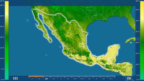 Максимальная Температура Месяцам Районе Мексики Оживленной Легендой Светящиеся Формы Административные — стоковое видео