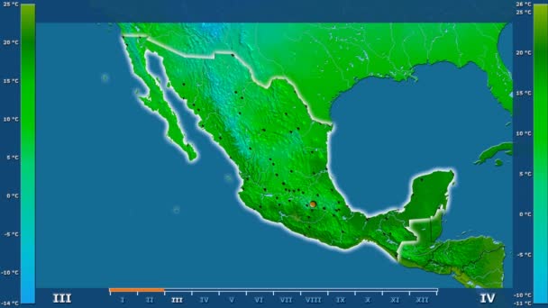 Минимальная Температура Месяцам Районе Мексики Анимированной Легендой Светящиеся Формы Административные — стоковое видео