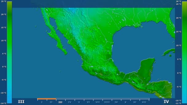 最低气温按月在墨西哥区域以动画传奇 原始的颜色着色器 球极投影 — 图库视频影像